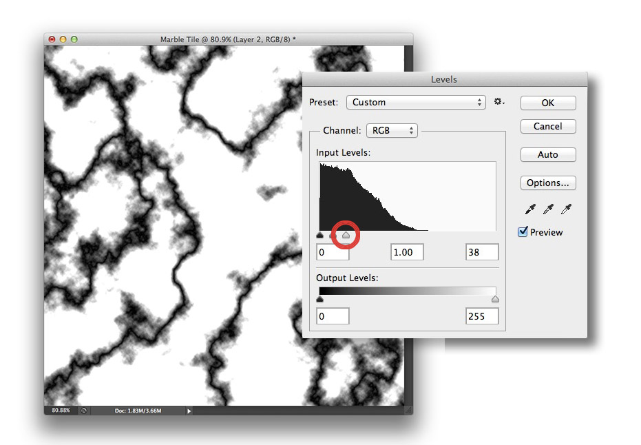 Image showing the Levels adjustment and resulting image in Photoshop CS6