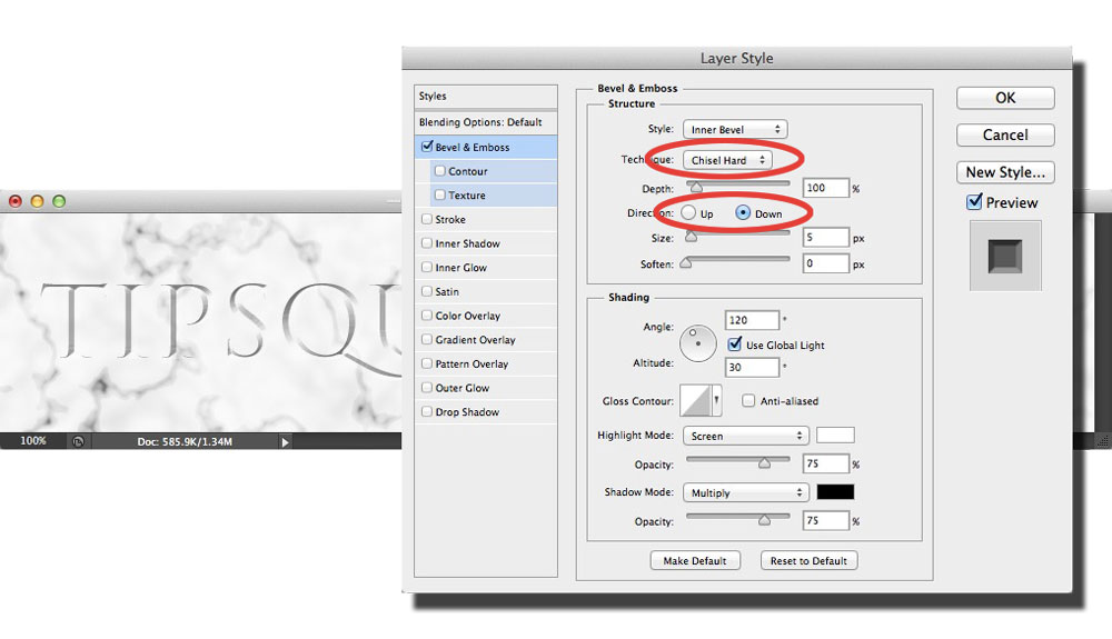 Image showing the settings changes to the bevel and emboss settings in Photoshop