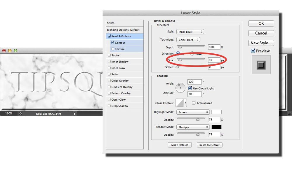 Image showing the main Bevel and Emboss dialog with the size setting highlighted