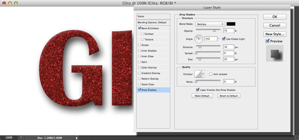 Image showing the text with a drop shasow applied and the Layer Styles dialog