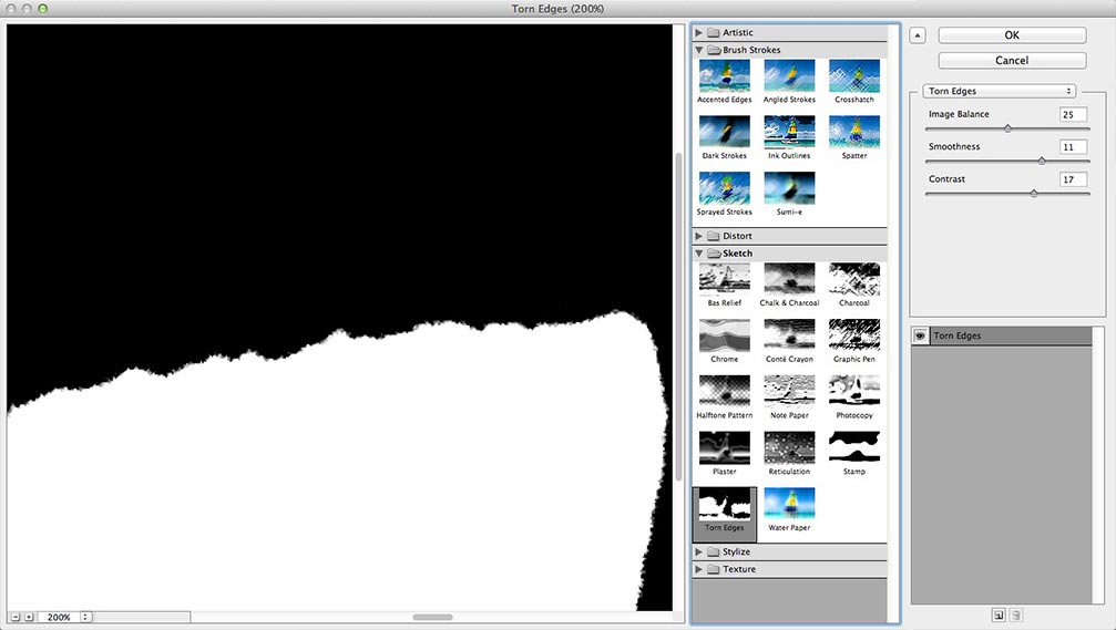 Image showing the default settings of the Torn Edges filter in the Photoshop Filter Gallery